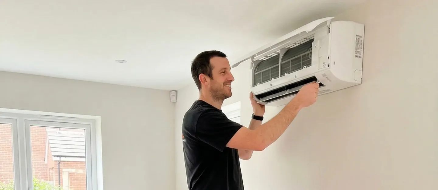 Hethersett Electrical engineer fitting a wall-mounted air conditioning unit
