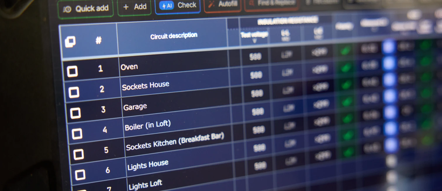 EICR software on a tablet showing circuit descriptions and insulation resistance test results