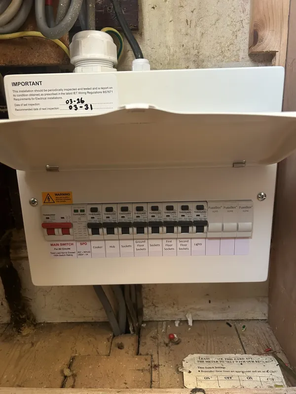 Domestic consumer unit with labelled circuits and surge protection