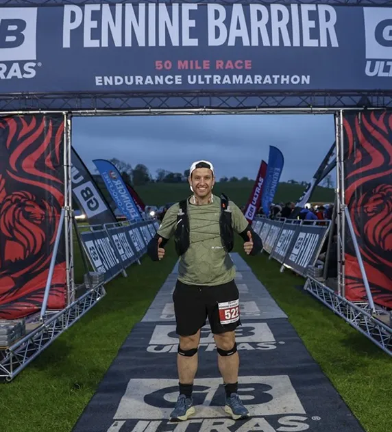 Scott at the finish of the Pennine Barrier 50-mile endurance ultramarathon